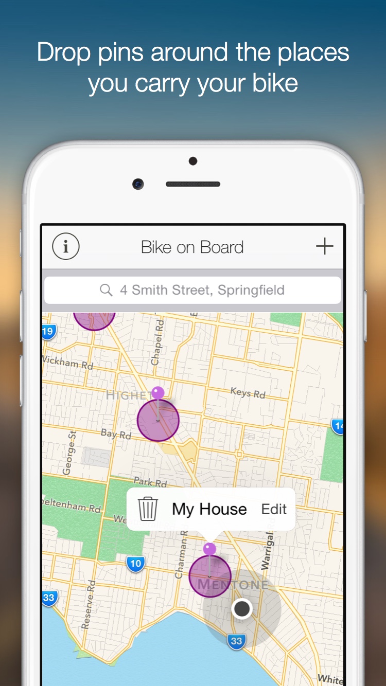 Bike on Board screen shot showing app alert locations.